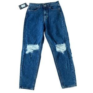 Pretty Little Thing Mom Jeans Size 8 Dark Blue Knee Rip Distressed